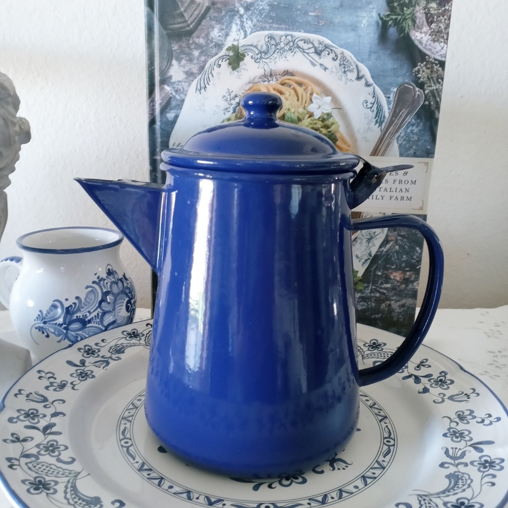 Blue Enamel 5 Cup Coffee Pot Shabby Cottage Decor
